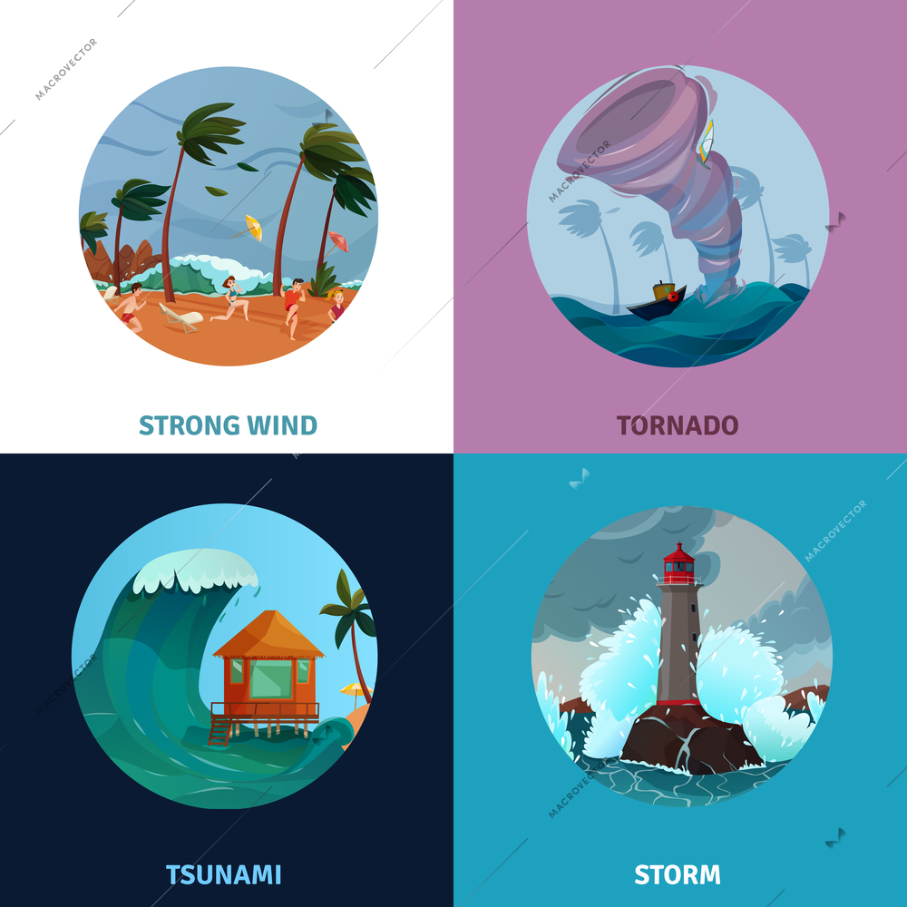 Seaside landscapes concept icons set with tsunami symbols flat isolated vector illustration