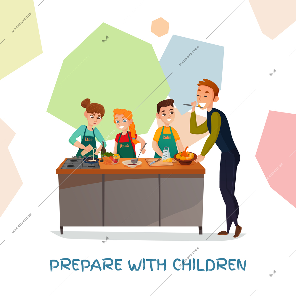 Kids culinary TV show with dishes and ingredients flat vector illustration