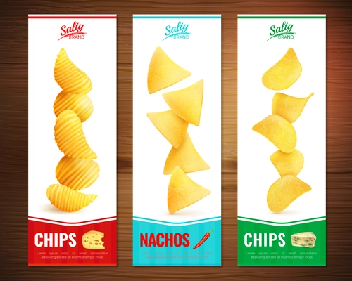 Set of three salty snacks vertical banners with realistic images of cheese chips pieces with text vector illustration