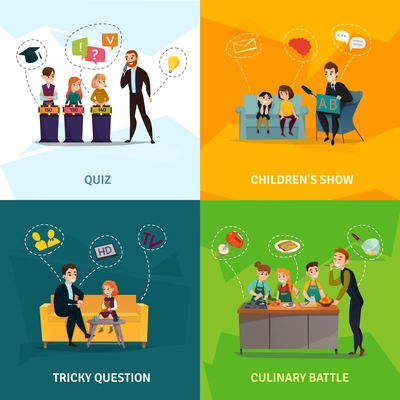 Kids TV show concept icons set with culinary battle symbols flat isolated vector illustration