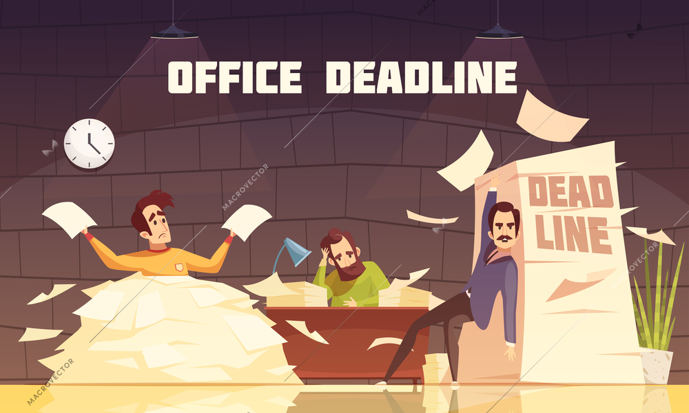 Office piles of paperwork target dates deadlines and tasks time limits problems cartoon illustration poster vector illustration