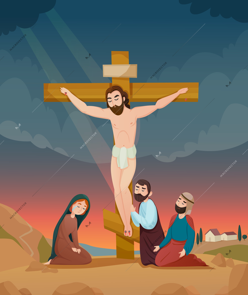 Bible story with Jesus Christ and prayer symbols flat vector illustration