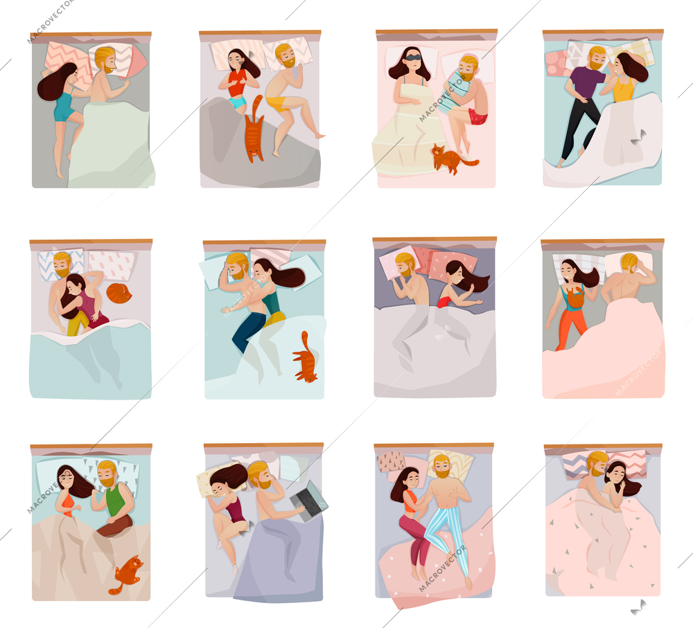 Couple sleeping poses set with relations symbols flat isolated vector illustration