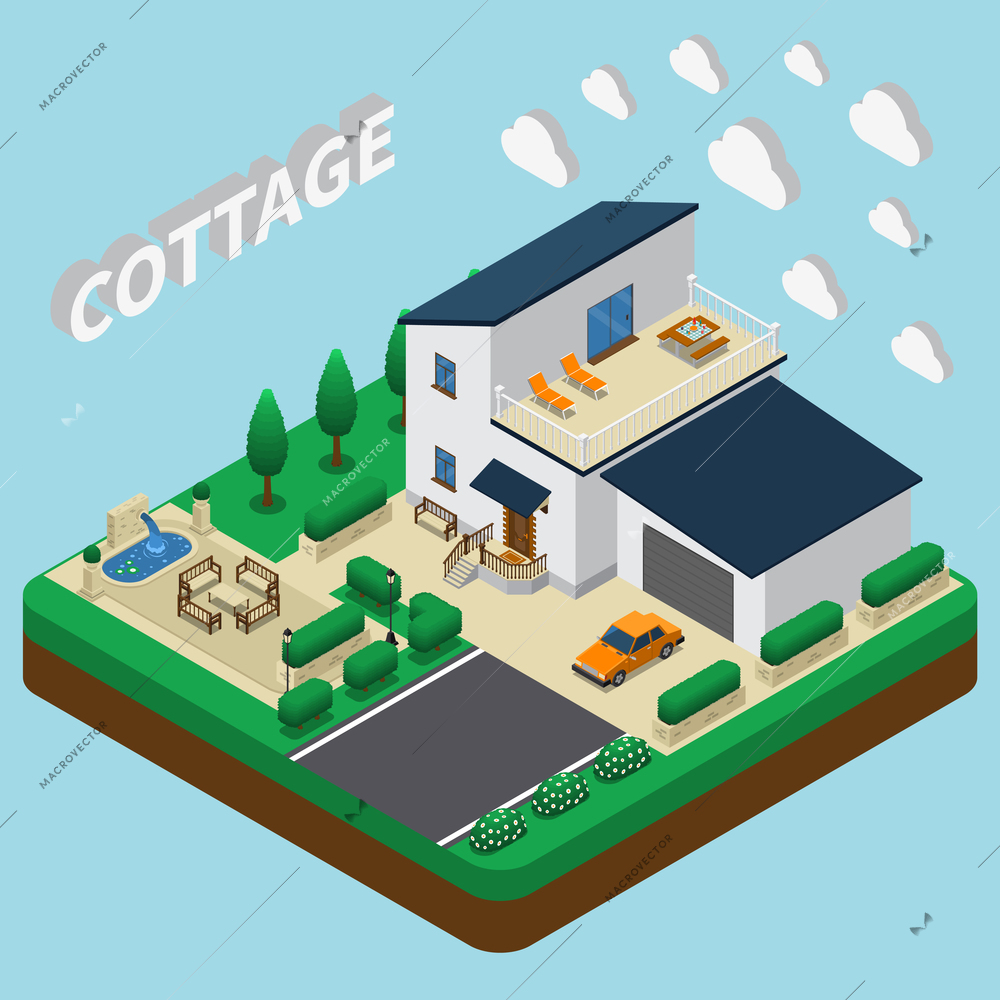 Isometric house composition with images of double-story villa with outdoor area and garage for cars vector illustration