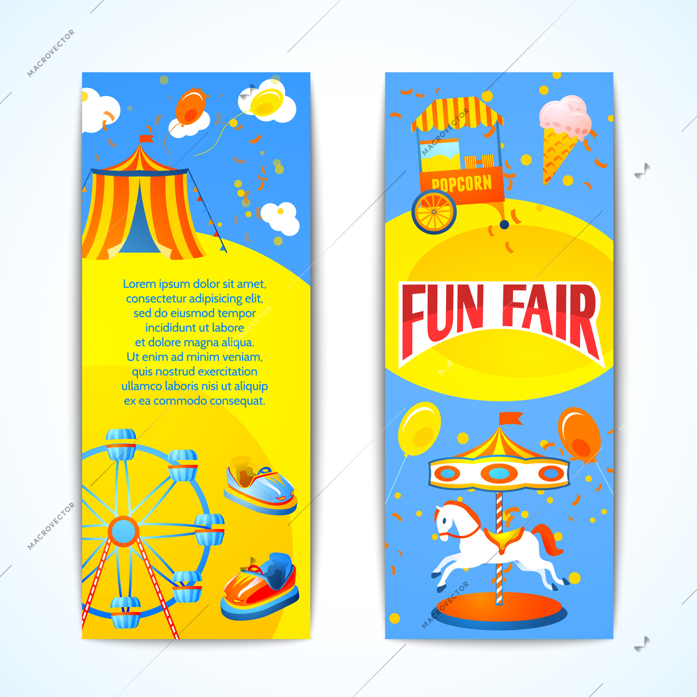 Amusement entertainment carnival fun fair vertical banners advertising leaflets isolated vector illustration