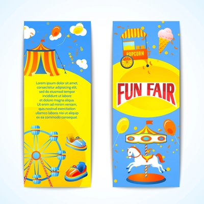 Amusement entertainment carnival fun fair vertical banners advertising leaflets isolated vector illustration