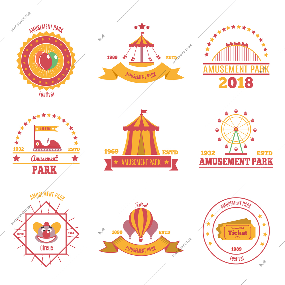 Amusement park colourful emblems set of nine flat compositions with pavilion aerostat and fairground attraction images vector illustration