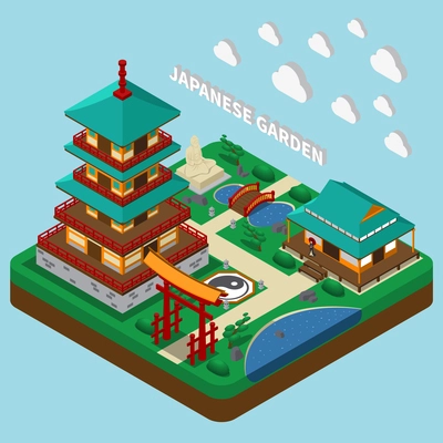 Isometric house composition with images of traditional japanese style tower buildings and garden territory with text vector illustration