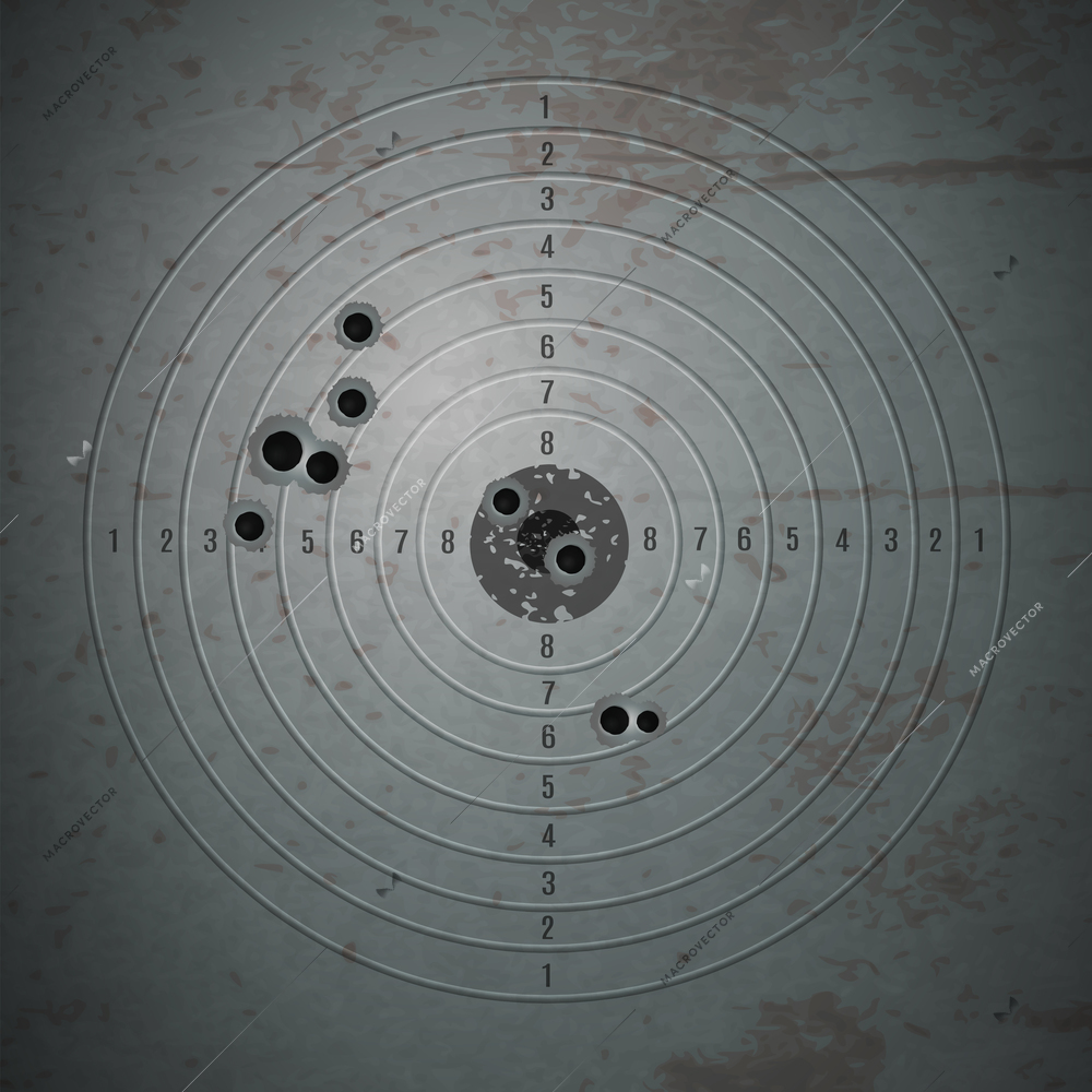 Bullet shot holes target composition with realistic image of bulled riddled training target filled with pinpoints vector illustration