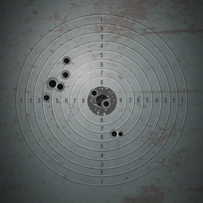 Bullet shot holes target composition with realistic image of bulled riddled training target filled with pinpoints vector illustration