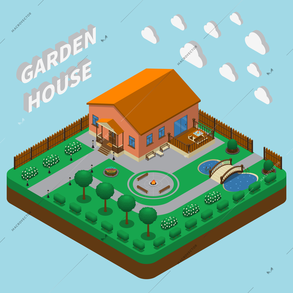 Isometric house composition with view of fenced territory with garden and cottage building with 3d text vector illustration