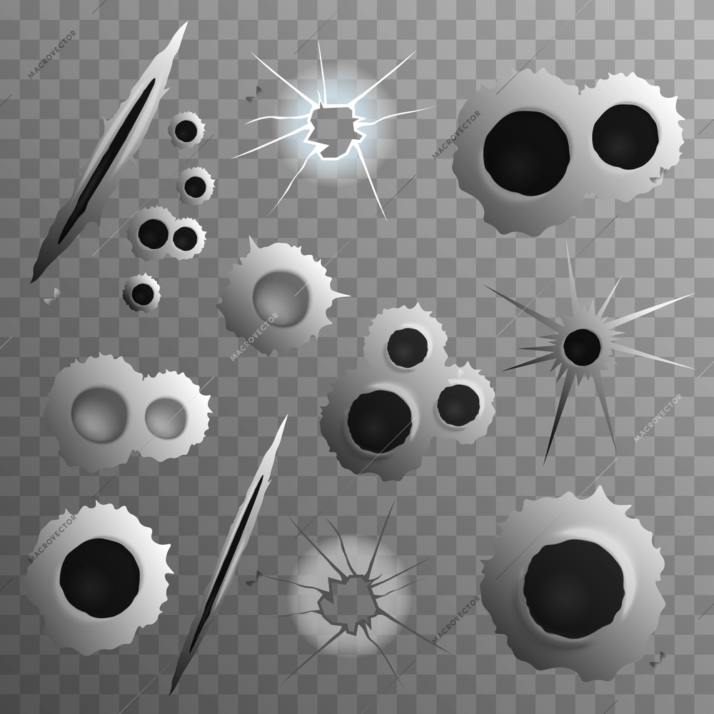 Bullet shot holes realistic set on transparent background with isolated shot bullet hole images of different size vector illustration