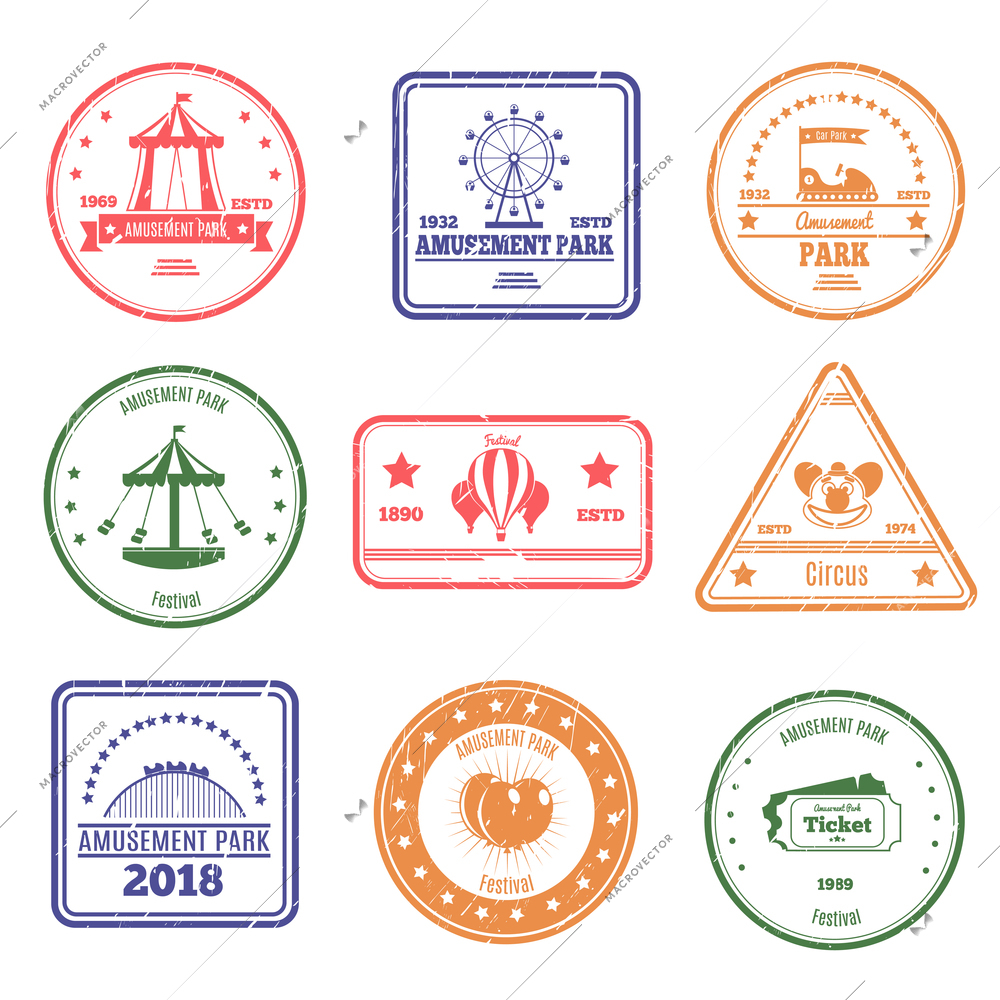 Amusement park stamps collection of isolated postal stamps of different colour with attraction and circus images vector illustration