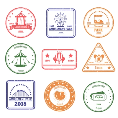 Amusement park stamps collection of isolated postal stamps of different colour with attraction and circus images vector illustration