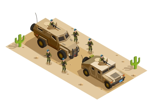 Army mechanized infantry in combat uniform operating in desert with armored vehicles isometric composition vector illustration