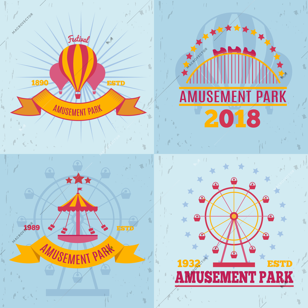 Amusement park emblems 2x2 design concept with flat logo compositions attraction images shapes and decorative text vector illustration