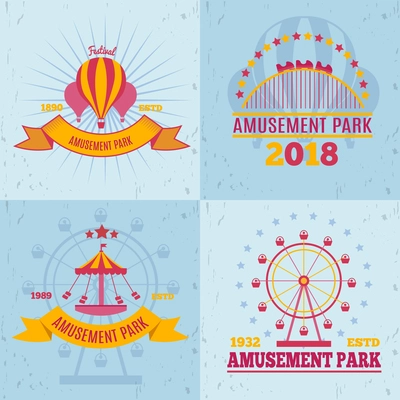 Amusement park emblems 2x2 design concept with flat logo compositions attraction images shapes and decorative text vector illustration