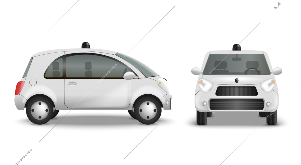 Autonomous car realistic set with front and side view of modern radio controlled automobile with shadows vector illustration