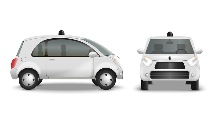 Autonomous car realistic set with front and side view of modern radio controlled automobile with shadows vector illustration