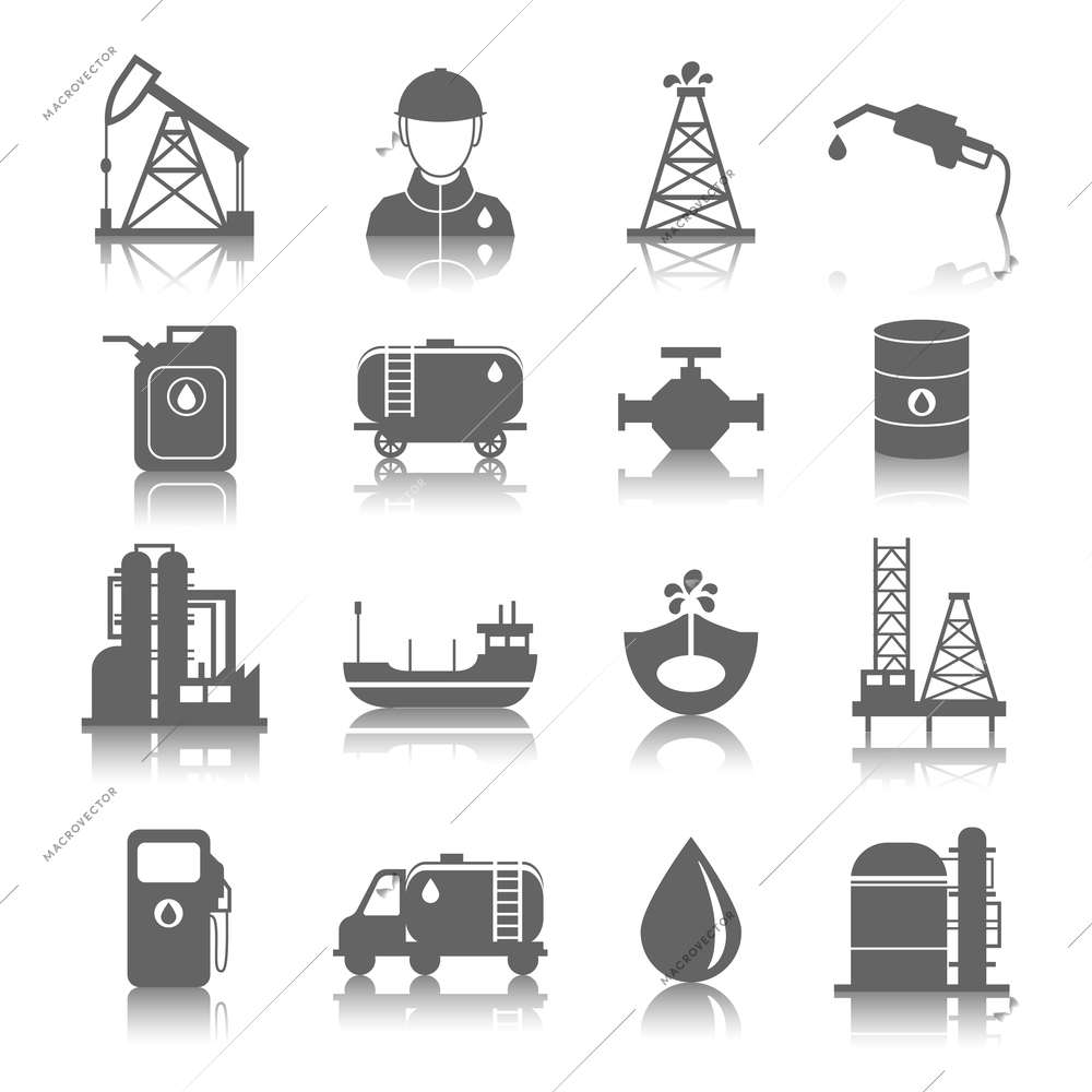 Oil industry gasoline processing symbols icons set with tanker truck petroleum can and pump isolated vector illustration