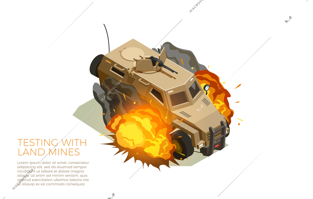 Army military armored fighting vehicle testing with landmines isometric poster with text and isolated image vector illustration