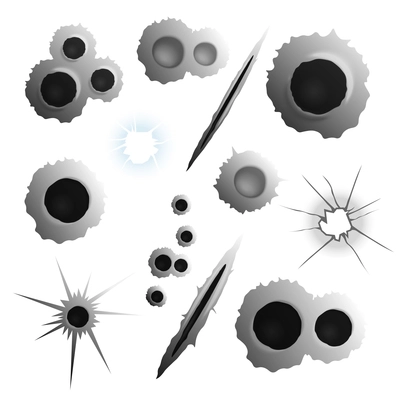Bullet shot holes realistic set of isolated images with various puncture and shell holes on blank background vector illustration