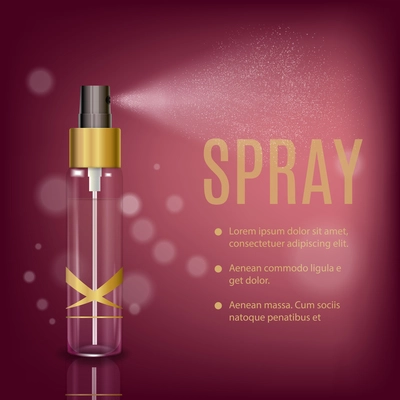 Spray realistic composition with editable advertising text and image of glossy spray tube on blurry background vector illustration