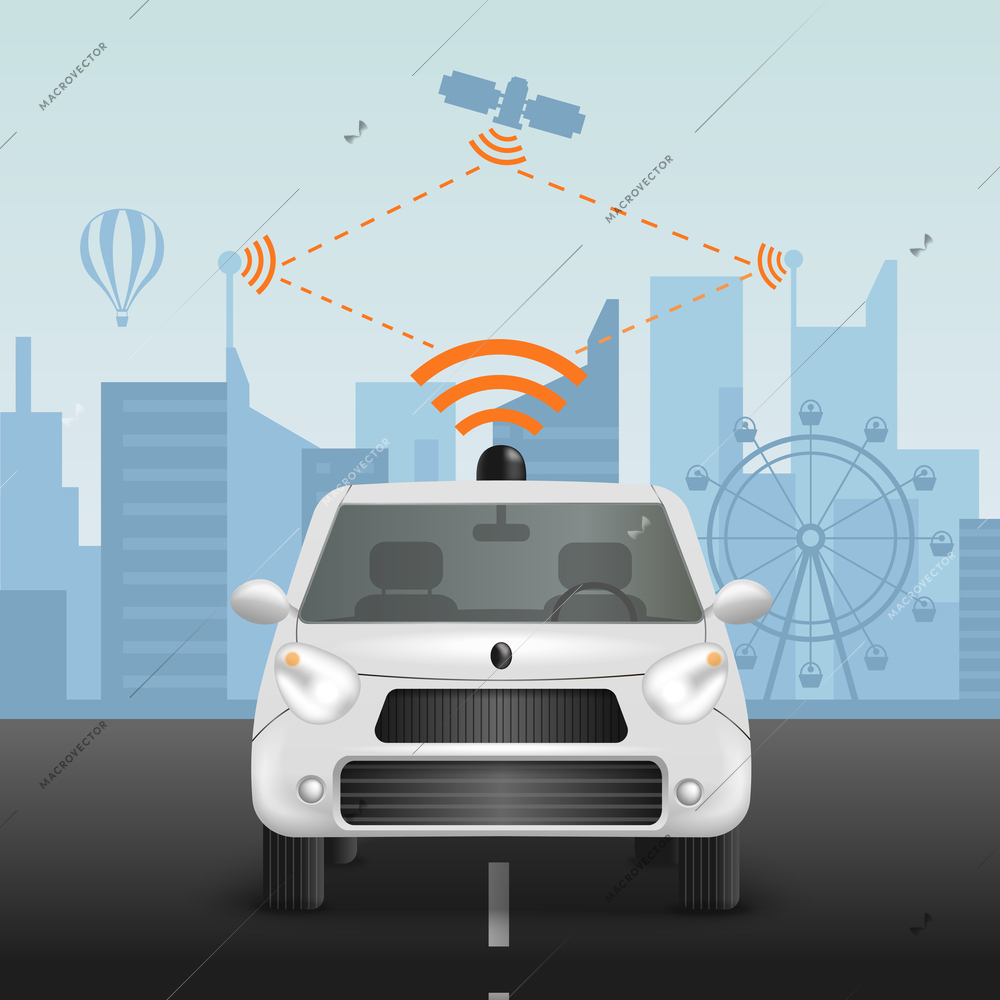 Autonomous car realistic composition with scheme of radio-controlled automobile remote command operation from satellite with pictograms vector illustration