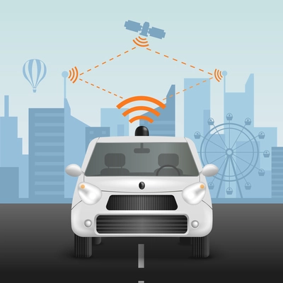 Autonomous car realistic composition with scheme of radio-controlled automobile remote command operation from satellite with pictograms vector illustration