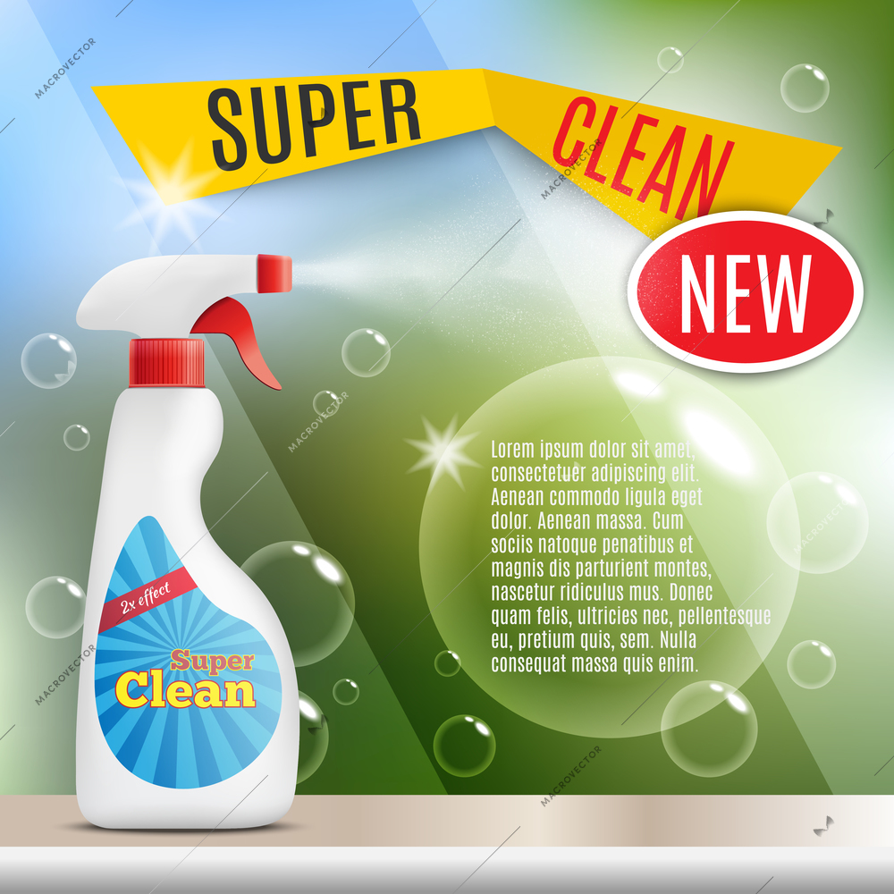 Spray for window cleaning composition with realistic image of window cleaner soap bubbles and editable text vector illustration