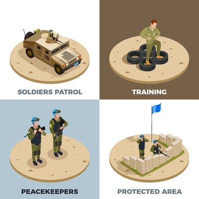 Army military service recruits training front line reinforcement peacekeepers patrol vehicle 4 isometric icons square vector illustration