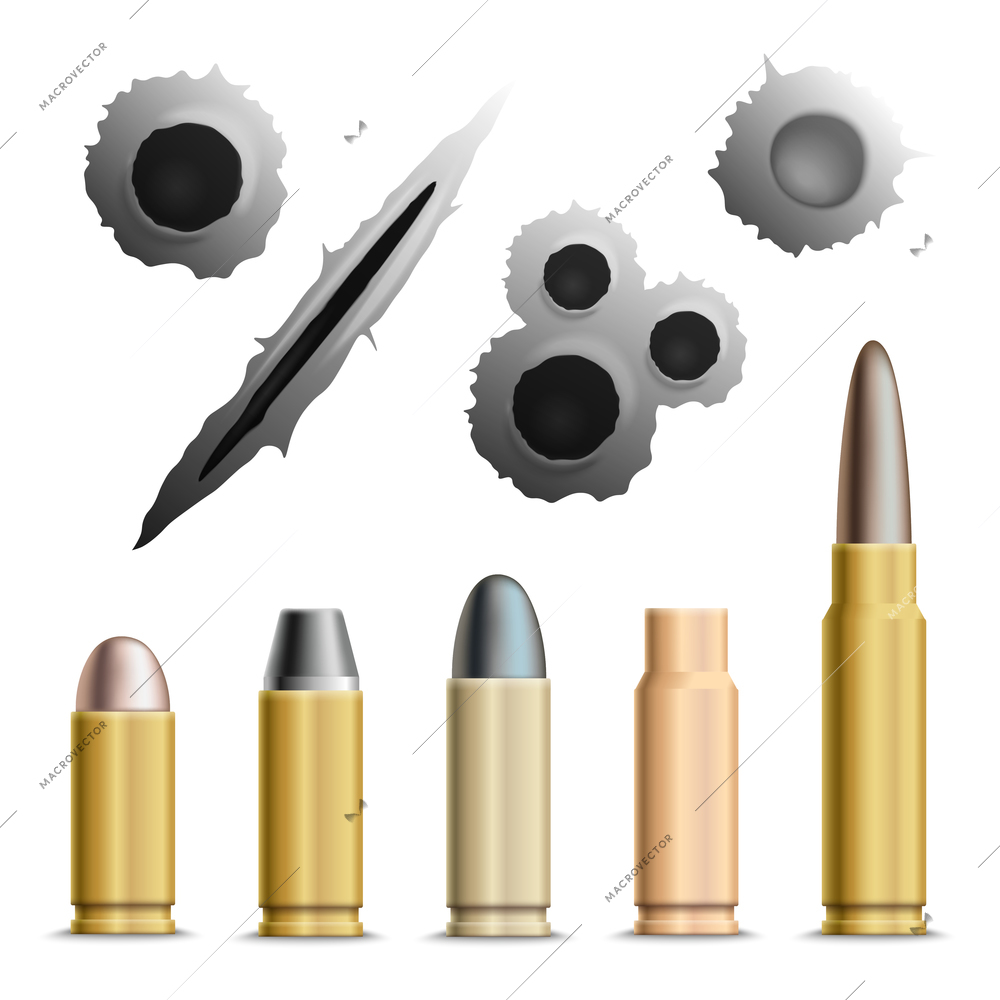 Bullets and holes realistic set of isolated grey bullet holes and metallic ammunition rounds with shadows vector illustration