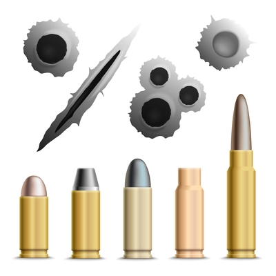 Bullets and holes realistic set of isolated grey bullet holes and metallic ammunition rounds with shadows vector illustration