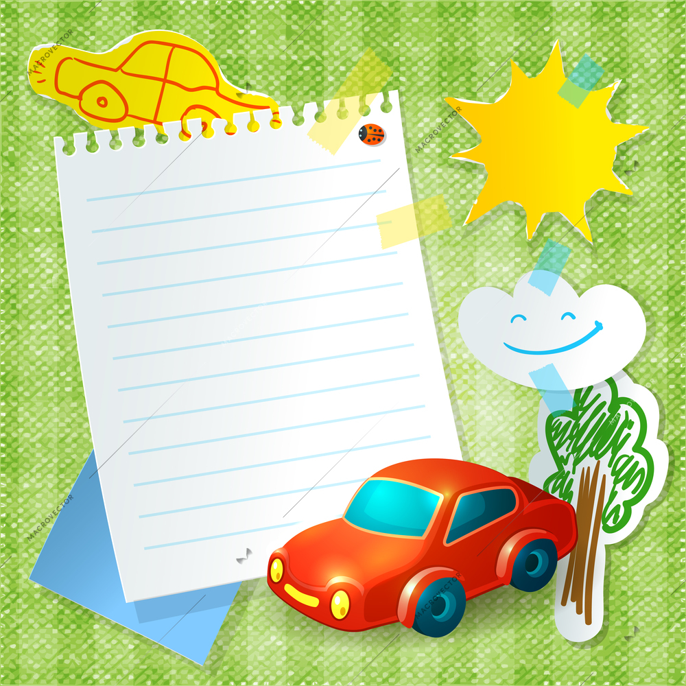 Toy car kid paper postcard template with tree sun and cloud  stickers vector illustration