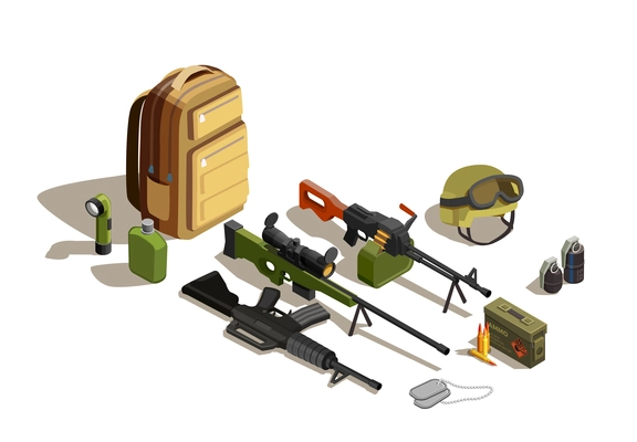 Army personnel military kit with individual combat weapon shotgun rifle hand grenades flask backpack isometric vector illustration