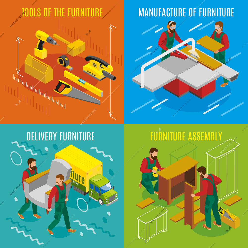 Manufacture, assembly and delivery of furniture, makers with professional tools, isometric design concept isolated vector illustration