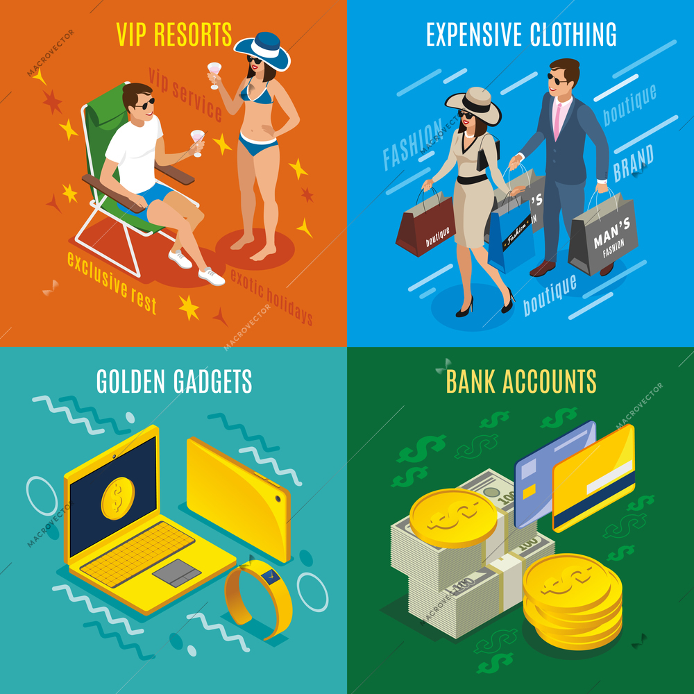 Rich people isometric design concept with bank accounts, expensive clothing, vip resorts, golden gadgets isolated vector illustration