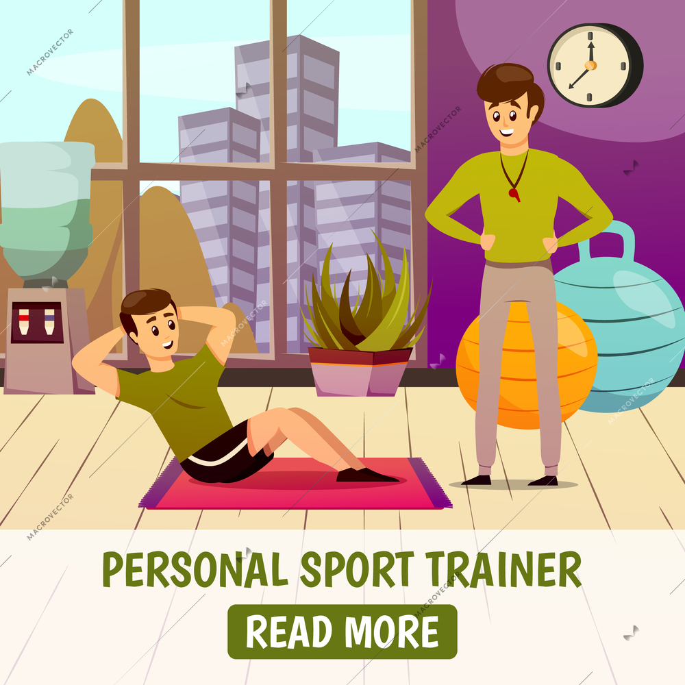 Personal sport trainer background with man during physical exercise on mat near instructor with whistle vector illustration