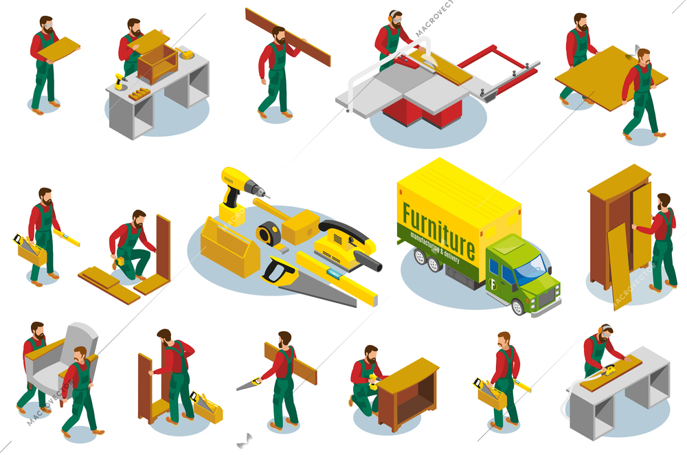 Set of isometric icons furniture makers with professional tools during production and assembly isolated vector illustration