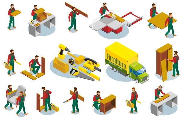 Set of isometric icons furniture makers with professional tools during production and assembly isolated vector illustration