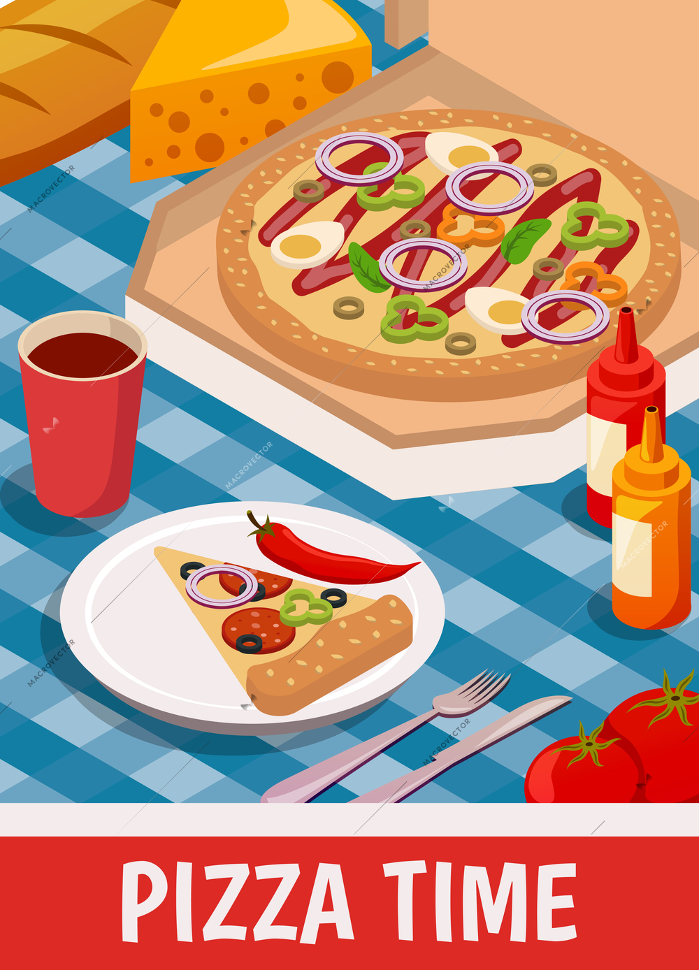 Pizza time isometric poster with slice of product on plate with cutlery, drink and sauces vector illustration