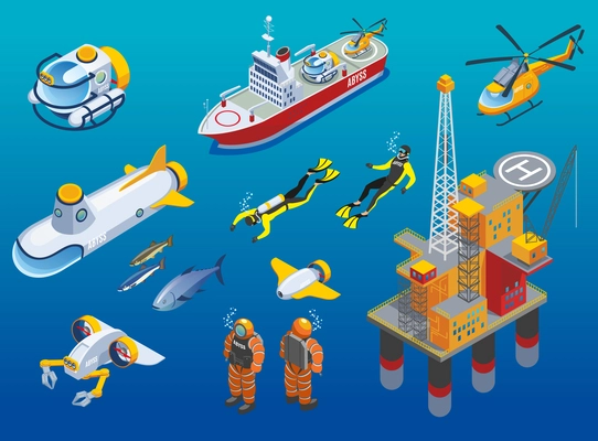 Underwater depths research isometric icons with scientific station, divers, ship, submarine and unmanned equipment isolated vector illustration