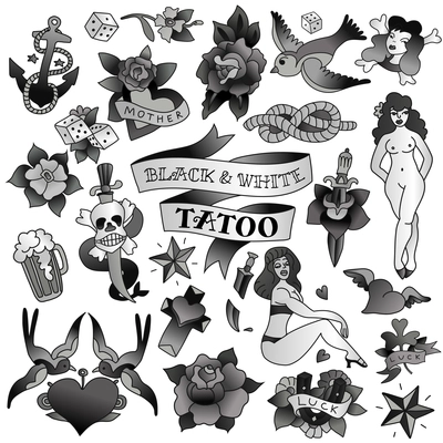 Old school of tattoo icons set in monochrome style with sexy girls birds beer glass roses vector illustration