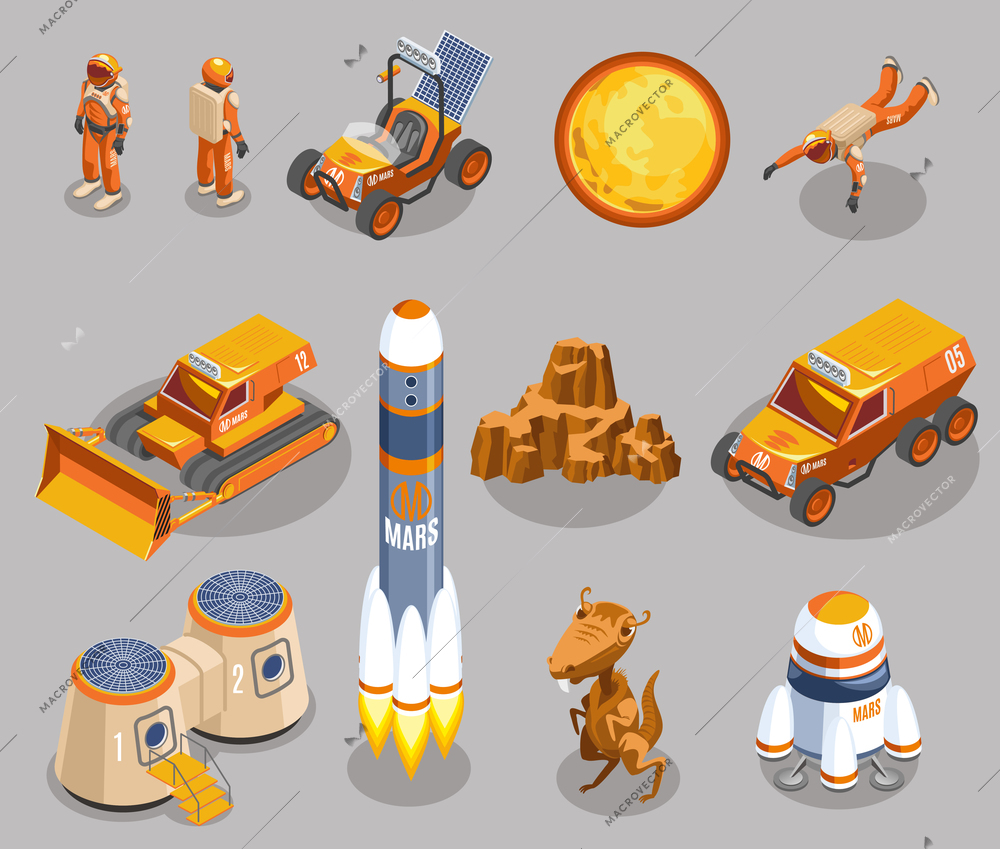 Space exploration isometric icons on grey background with astronauts, planet, rocket launch, transportation, alien isolated vector illustration