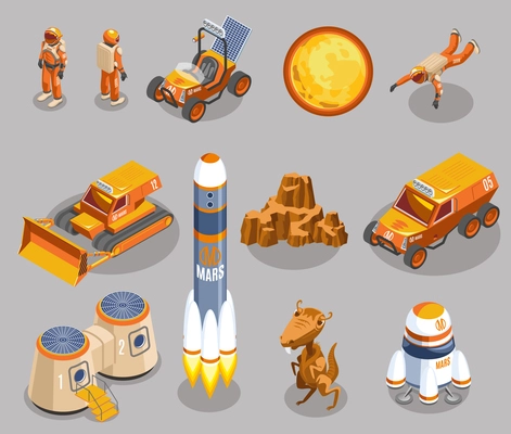 Space exploration isometric icons on grey background with astronauts, planet, rocket launch, transportation, alien isolated vector illustration