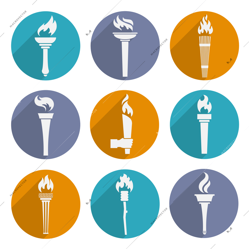 Fire glowing flame retro winner torch icons set isolated vector illustration