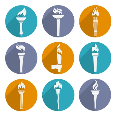 Fire glowing flame retro winner torch icons set isolated vector illustration