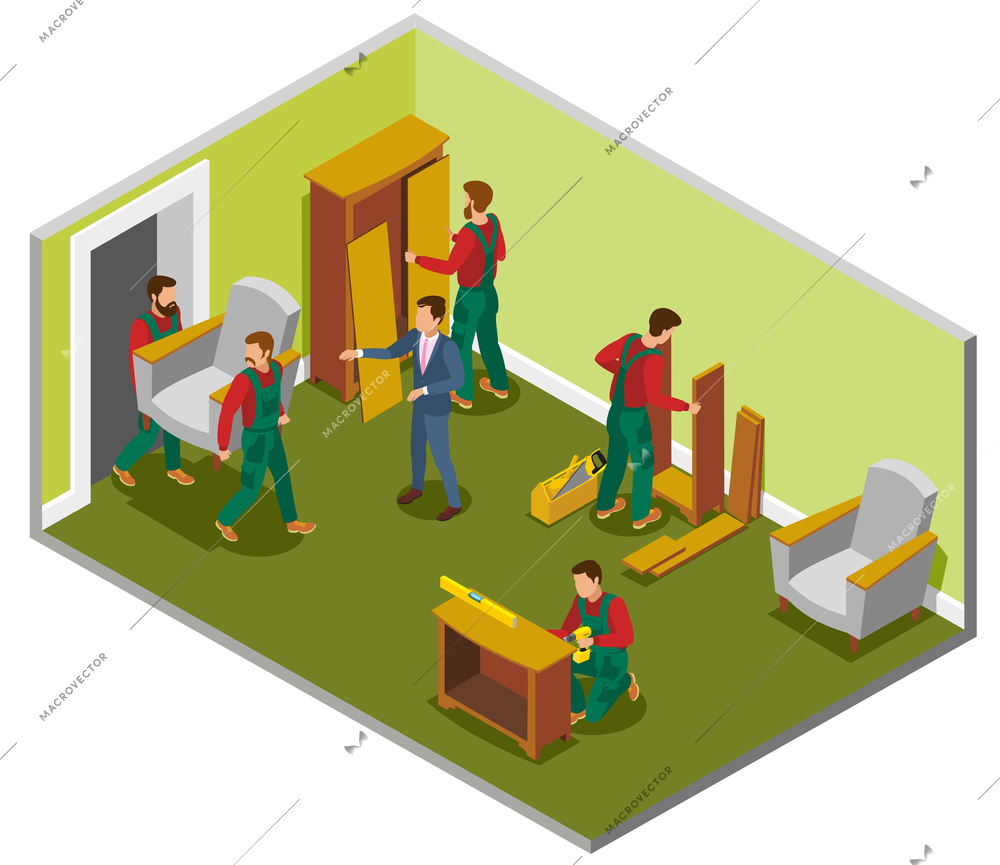 Furniture delivery isometric composition room with makers during assembly, customer and loaders carrying chair vector illustration