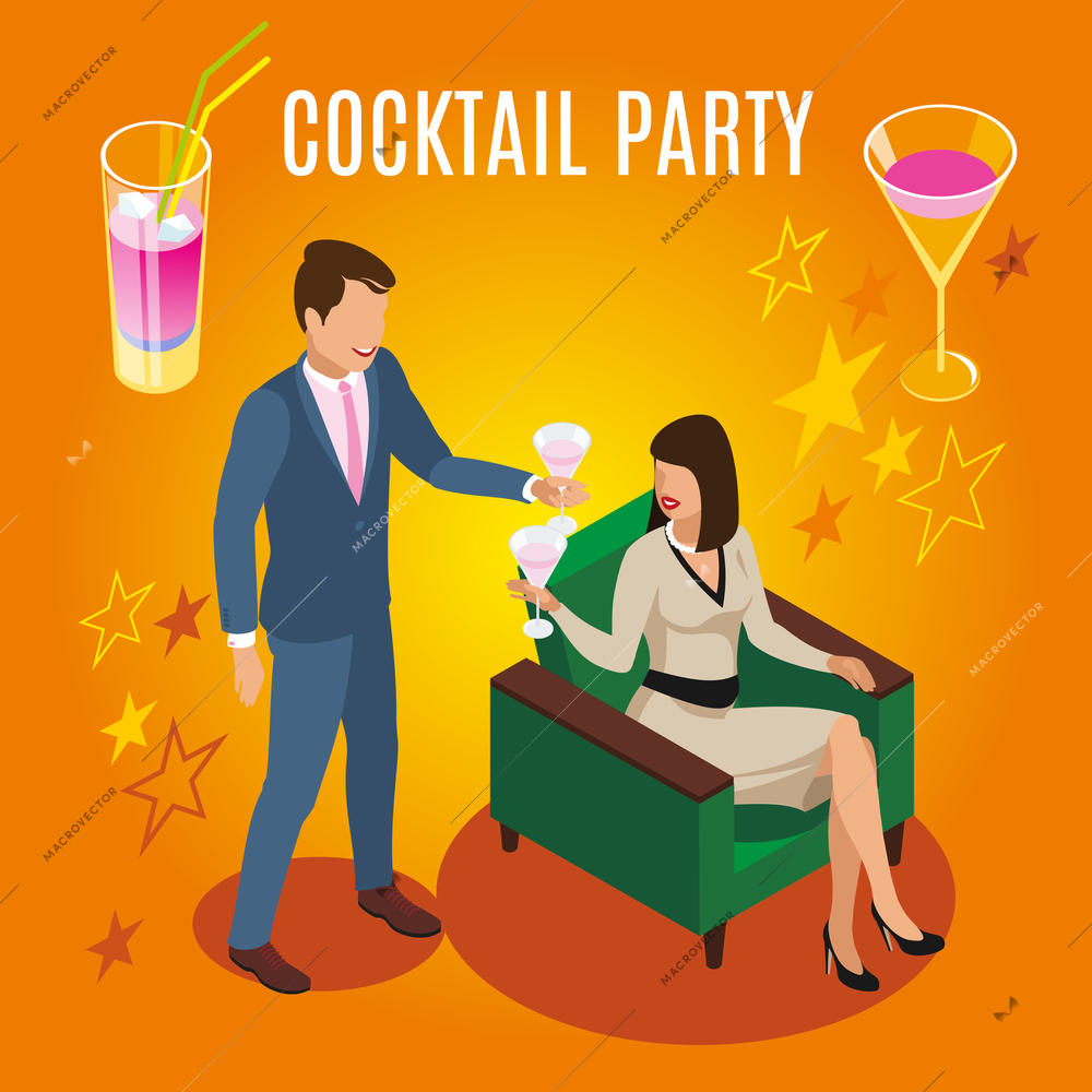Rich people during cocktail party isometric composition on orange background with drinks and stars vector illustration