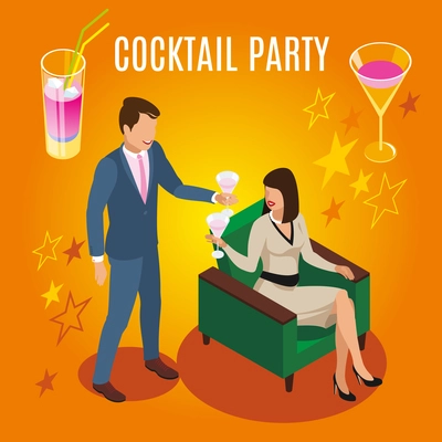 Rich people during cocktail party isometric composition on orange background with drinks and stars vector illustration